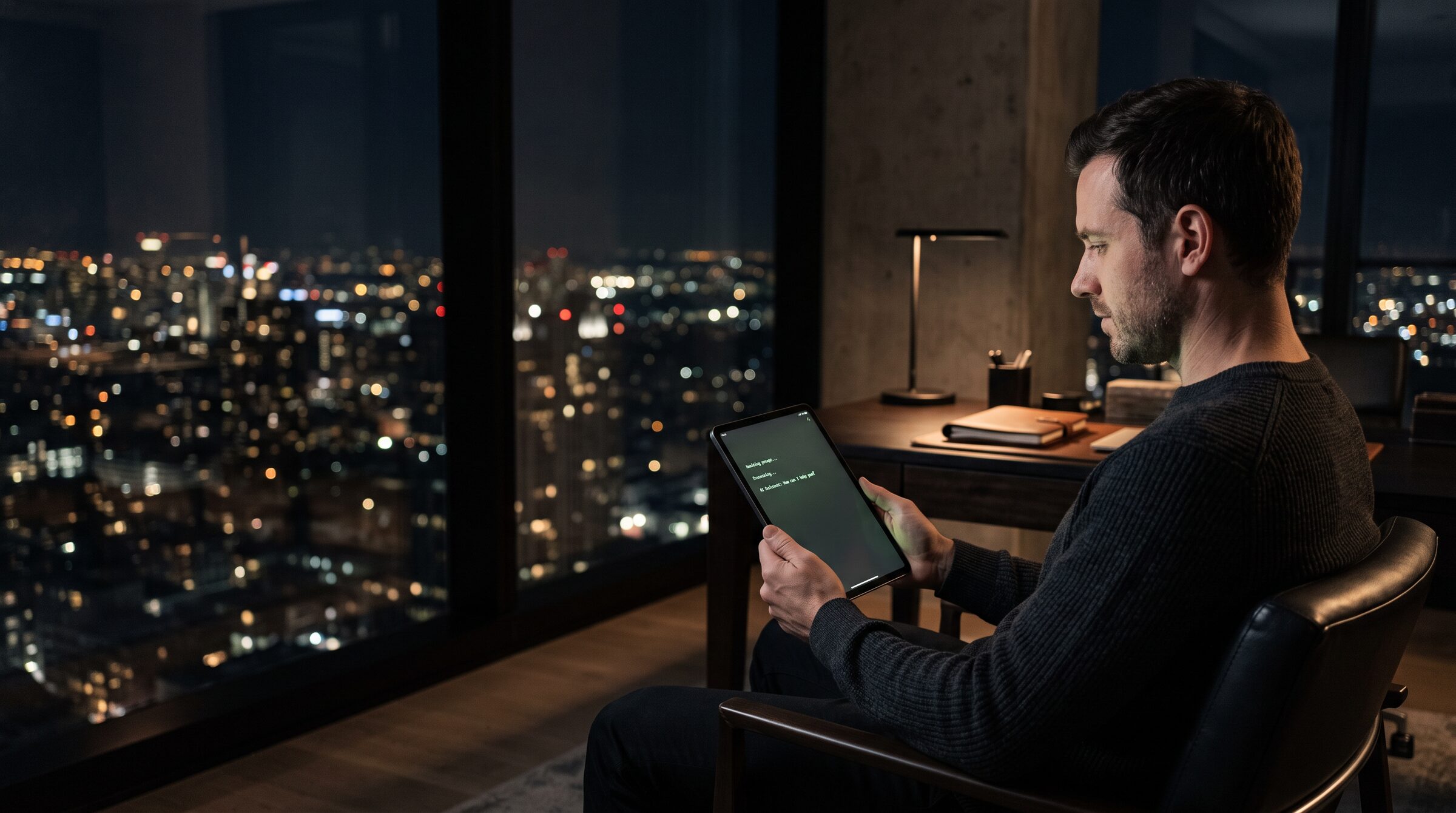 A man at night reading a private AI assistant on a tablet, its screen lit green